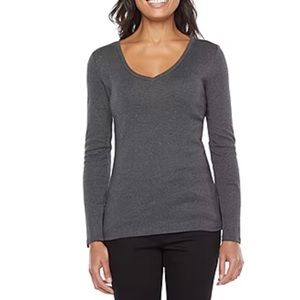 NWT Liz Claiborne V-Neck Long Sleeve Tee in Charcoal Heather Grey